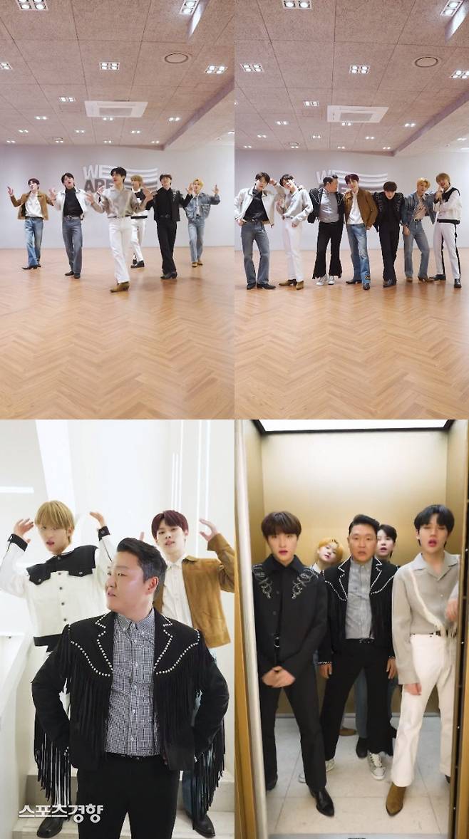 가수 싸이와 신예 TNX의 ‘댓댓’ 댄스챌린지 주요 장면. 사진 피네이션