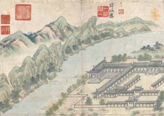 단원 김홍도가 그린 '관서십경도'에 담긴 강선루. 퍙안도 성천의 객사인 동명관은 불타 버렸지만 이중 일부가 이 그림에 담겨 옛 관아건축의 중요한 기록으로 남았다. [사진 눌와]