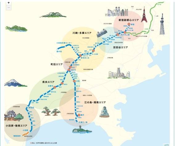 1일 유동인구가 일본 1위인 신주쿠와 도쿄에 이어 인구가 2번째로 많은 광역 지방자치단체인 가나가와현을 연결하는 오다큐선은 수도권 알짜노선이다.(자료 : 오다큐전철)
