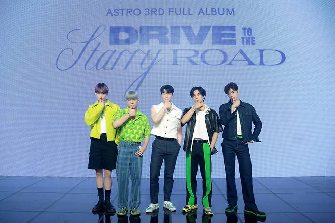 Astro members pose for picture during a media showcase for its third LP “Drive to the Starry Road” conducted in Seoul on May 16. (Fantagio)