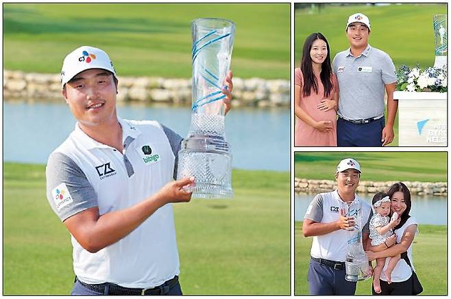 이경훈이 미국프로골프(PGA) 투어 AT&T 바이런 넬슨서 2연패에 성공한 후 우승컵을 들고 활짝 웃고 있다(왼쪽 사진부터 시계방향).2021년 우승 때는 아내와 뱃속 아기와, 올해는 아내와 딸 윤아와 우승컵을 들어올린 이경훈. [게티이미지]