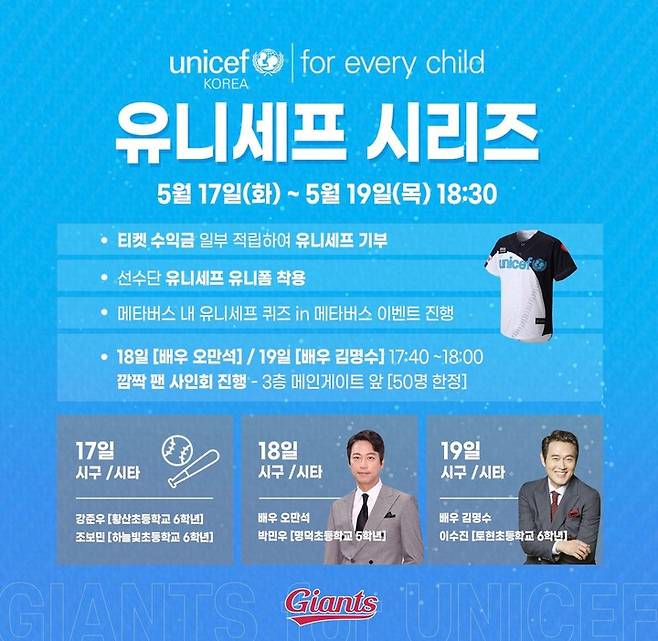 [부산=뉴시스] 롯데 자이언츠는 11년째 이어지는 유니세프한국위원회와의 사회공헌 협약을 기념해 오는 17일부터 진행되는 홈 3연전을 유니세프 시리즈로 개최한다고 16일 밝혔다. (사진=롯데자이언츠 제공) *재판매 및 DB 금지