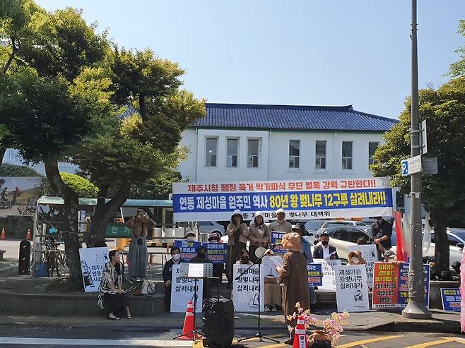 제성마을 왕벚나무 대책위원회와 시민모임 낭싱그레가게2가 17일 제주시청 앞에서 ‘왕벚나무 살려내라’는 주제로 공동집회를 열고 있다. 허호준 기자