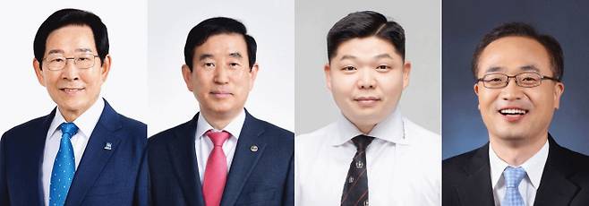 충북 충주시장에 도전하는 더불어민주당 우건도, 국민의힘 조길형, 무소속 강문성, 최영일 후보(왼쪽부터).