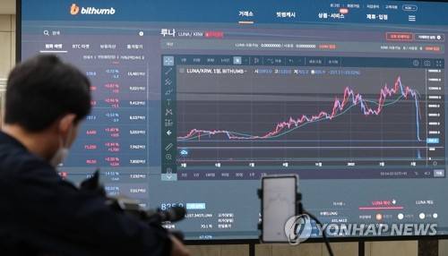 (서울=연합뉴스) 류영석 기자 = 비트코인을 비롯한 가상화폐 약세장이 이어지는 가운데 17일 오전 서울 서초구 빗썸 고객센터에 최근 폭락한 루나 코인의 현재 시세가 표시되어 있다. 2022.5.17 ondol@yna.co.kr