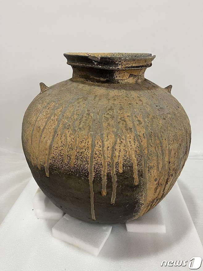 대성동고분군 41호 덧널무덤 내에서 발견된 큰 항아리. 복숭아 씨앗 등이 담겨 있었다. (대성동고분박물관 제공) © 뉴스1