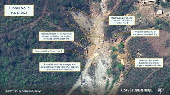 지난 5월 17일 북한 함경북도 길주군 풍계리 핵실험장 3번 갱도 주변 지역을 촬영한 인공위성 사진. 사진=CSIS 홈페이지 캡처