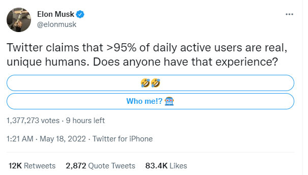 일론 머스크가 17일(현지시간) 자신의 트위터를 통해 “트위터는 일간 활동 사용자의 95% 이상이 실제 사용자, (봇이 아닌) 진짜 사람들이라고 주장한다. 다들 정말 그렇게 생각하는가”라는 질문을 올리고 비공식 투표를 진행했다. 트위터 캡쳐