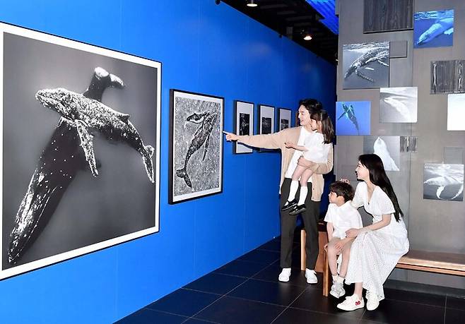 17일, 롯데월드타워 전망대 서울스카이에서 가족들이 미디어아트 특별전 <나는 고래>를 관람하고 있다.