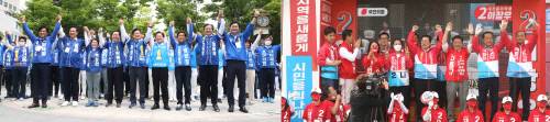 공식 선거운동 첫날인 19일 대전 서구 보라매공원에서 열린 더불어민주당 대전시당 지방선거 필승 출정식에서 각 후보자들이 지지를 호소하고 있다. (왼쪽) 같은 날 대전 유성구 장대동 일원에서 국민의힘 각 후보자들이 지지를 호소하고 있다. 최은성 기자