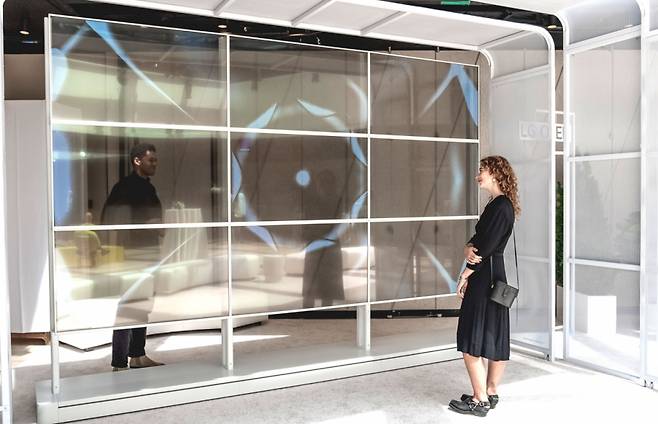 LG전자 모델들이 미국 뉴욕에서 열린 국제예술전시회 프리즈 뉴욕에서 화면과 화면 건너편을 동시에 볼 수 있는 투명 올레드 사이니지를 사이에 두고 서서 화면에 띄워진 NFT 예술 작품을 감상하고 있다. /사진제공=LG전자