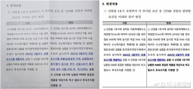 6월까지 보고서를 제출하되 '실험일정 지연, 실험결과의 분석·평가 등으로 추가 시일소요가 불가피한 경우 이를 마친 후 즉시'라는 조항이 빠진 사진. 왼쪽은 심의 전 자료, 오른쪽은 수정 심의한 내용. / 사진=원자력안전위원회