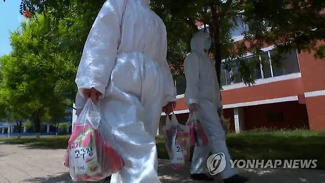 격리된 북한 주민들에게 식품 배달하는 의료봉사원 (서울=연합뉴스) 북한 평천구역에서 지난 12일부터 동별로 100명 정도 봉사대를 조직해 격리된 주민들이 요구하는 식량, 남새(채소), 땔감을 비롯한 물품들을 공급하고 있다고 조선중앙TV가 18일 전했다. [조선중앙TV 화면] 2022.5.18 
    [국내에서만 사용가능. 재배포 금지. For Use Only in the Republic of Korea. No Redistribution] nkphoto@yna.co.kr