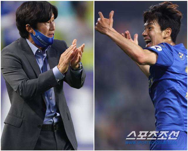 이병근 수원 삼성 감독과 2경기 연속골을 쏘아올린 전진우. 사진제공=프로축구연맹