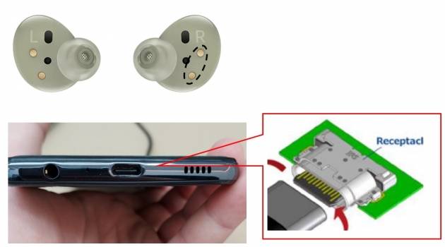 명진커넥터의 첨단 도금 기술이 들어간 스마트폰 C타입 충전단자와 무선이어폰의 포고핀 충전단자. 명진커넥터 제공