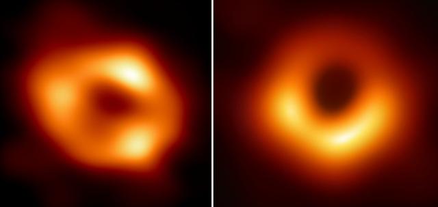 사건지평선망원경(EHT) 연구팀이 공개한 우리 은하 중심 궁수자리 A 블랙홀의 모습(왼쪽)과 2019년 최초 공개된 M87 블랙홀의 모습(오른쪽). ⓒ사건지평선망원경 연구팀