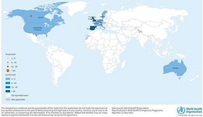 원숭이두창 발생 국가를 나타낸 그래픽. 출처: 세계보건기구(WHO) 홈페이지(https://www.who.int/emergencies/disease-outbreak-news/item/2022-DON385)