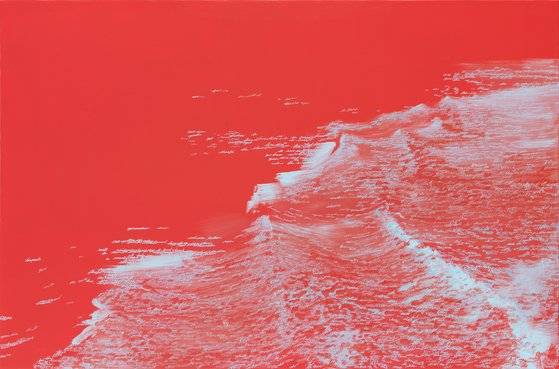 김이오 작가는 추상과 구상의 경계에서 새로운 회화의 가능성을 실험 중이다. 바이런의 시를 적은 ‘Once more upon the waters!’, 145.5x97㎝. 캔버스에 유채. [사진 금산갤러리]