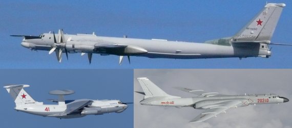 지난 23일 오전 한국 영공을 침범하거나 한국방공식별구역(KADIZ)에 무단 진입한 러시아-중국 군용기들. 카디즈에 무단 진입한 러시아 TU-95 폭격기(위에서부터 시계방향)와 중국 H-6 폭격기, 독도 영공을 두 차례 침범한 러시아 A-50 공중조기경보통제기. 사진=뉴스1