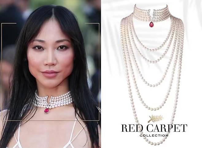 모델 수주(왼쪽)가 20일(현지시간) 제75회 칸 국제 영화제에서 착용한 럭셔리 주얼리 브랜드 '쇼파드' 하이 주얼리 '오트 주얼리' 컬렉션의 목걸이(오른쪽)./사진=쇼파드 공식 인스타그램