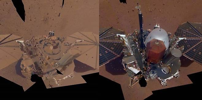 지난 2018년 화성 착륙 직후(사진 오른쪽)와 최근 인사이트의 모습. 사진=NASA