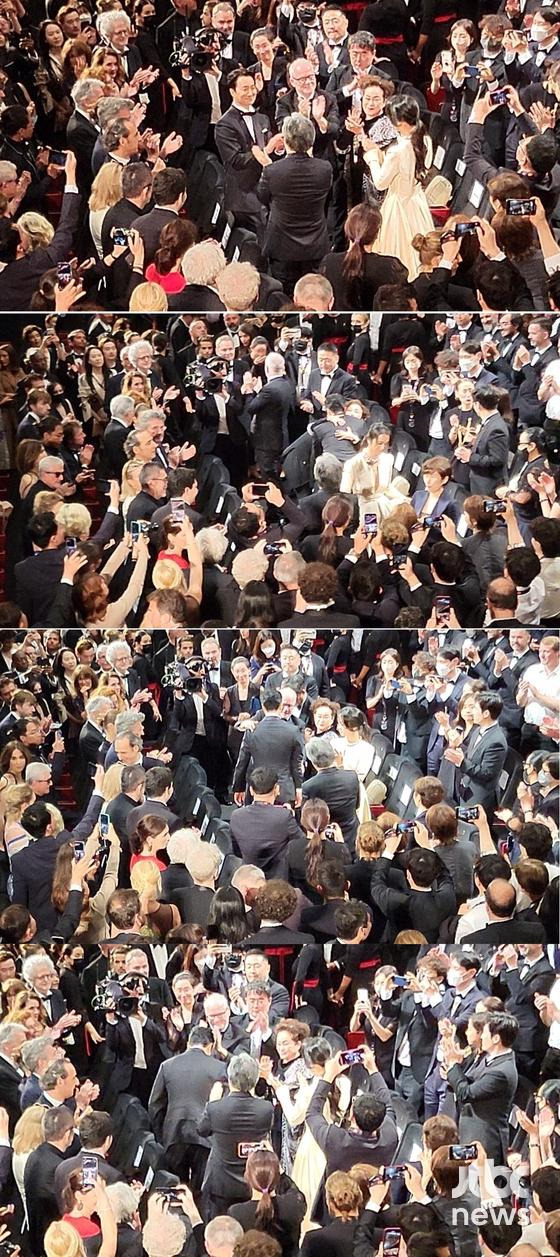 CJ그룹 이미경 부회장이 23일 오후 6시(현지시간) 제75회 칸영화제(Cannes Film Festival) 뤼미에르 대극장(GRAND THEATRE LUMIERE)에서 열린 올해 경쟁부문 초청작 '헤어질 결심(박찬욱 감독)'의 월드 프리미어 에 모습을 드러냈다. 〈사진=JTBC엔터뉴스〉