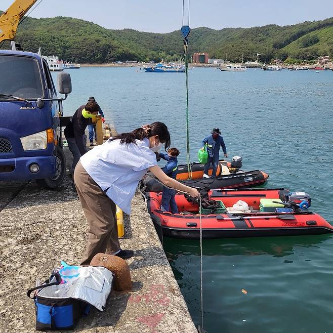 보령시보건소 직원이 관내 바다에서 바닷물을 수거하고 있다.(보령시 제공)© 뉴스1