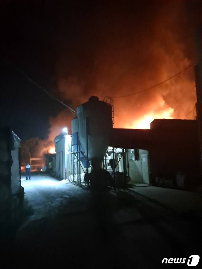 28일 새벽 경북 영천시 청통면의 한 돈사에서 원인을 알 수 없는 불이 나 돼지 2000여마리가 폐사하는 피해를 입었다.(경북소방본부 제공)© 뉴스1