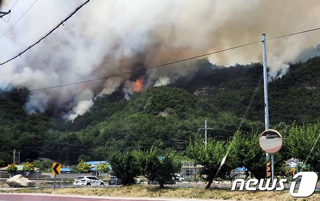 28일 낮 12시6분쯤 경북 울진군 근남면 행곡리의 한 야산에서 발생한 불이 바람을 타고 울진읍 읍남리 쪽으로 확산되고 있다. 산림당국은 산불전문진화헬기 등 25대와 장비 79대, 공무원 등 200여명을 투입 진화작업을 벌이고 있다.(독자제공)2022.5.28/뉴스1 © News1 정진욱 기자