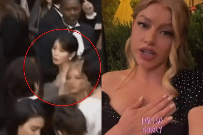 지난 26일(현지 시간) 칸 국제 영화제 레드카펫 행사에서 아이유의 어깨를 치고 지나간 프랑스 뷰티 인플루언서 마리아 트래블 / 사진=칸 영화제 유튜브 캡처, 마리아트래블 인스타그램 캡처