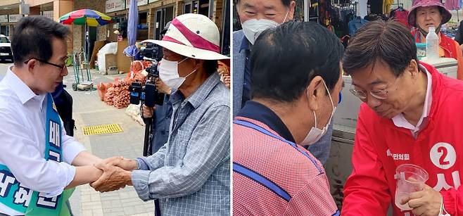 성남시장 선거에 출마한 배국환 더불어민주당 후보(왼쪽 사진)와  신상진 국민의힘 후보(오른쪽)가 각각 시민과 인사를 나누고 있다. 배국환·신상진 캠프 제공