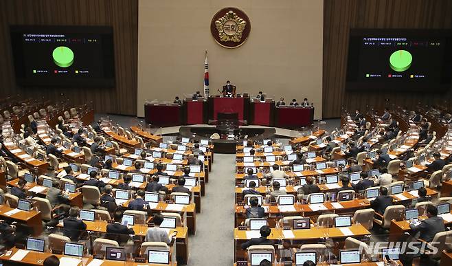 [서울=뉴시스] 김선웅 기자 = 29일 서울 여의도 국회에서 열린 제 397회 4차 본회의에서 산업재해보상보험법 일부개정 법률안이 통과 되고 있다. (공동취재사진) 2022.05.29. photo@newsis.com