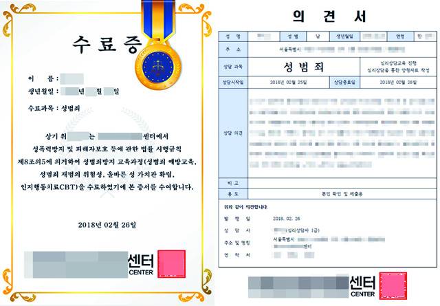 사진은 선처호소용 심리상담 수료증·소견서.