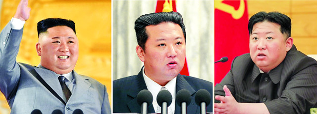 김정은 북한 국무위원장의 2020년 10월, 지난해 12월, 올해 5월 12일 사진(왼쪽부터). 지난해 말에 얼굴이 다소 갸름해졌다가 최근 다시 살집이 두둑해진 모습이다. 연합뉴스