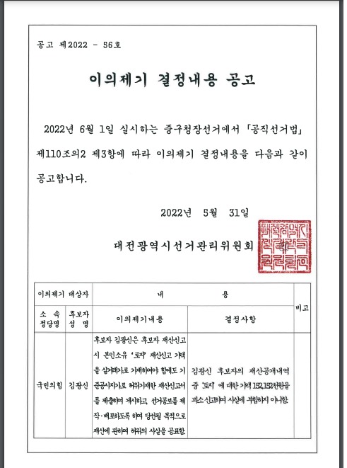 김광신 국민의힘 중구청장 후보의 재산신고와 관련 대전선관위측의 결정 공고문(출처:대전선관위)© 뉴스1