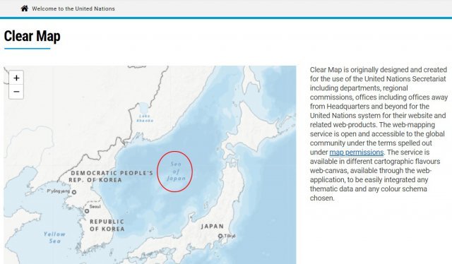 유엔이 운영하는 사이트 ‘지리공간’ 지도에서 ‘일본해’(Sea of Japan)를 단독 표기하고 있다.