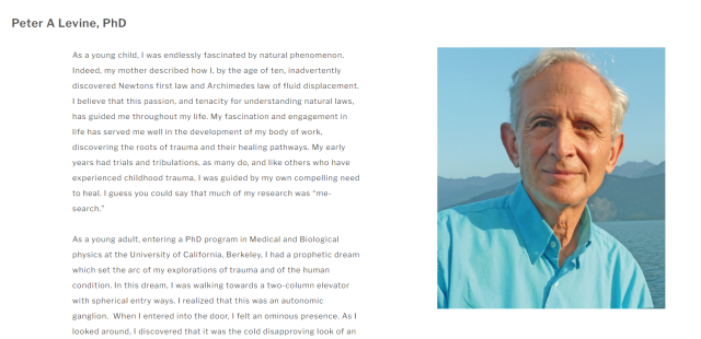 미국 SE 전문교육기관 에르고스소매틱교육연구원 홈페이지에 게시된 피터 레빈 박사 소개. 레빈 박사가 이 연구원 설립자다. 에르고스소매틱교육연구원 홈페이지