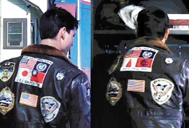 지난달 26일 미국에서 개봉한 영화 ‘탑건: 매버릭’에서 주인공 톰 크루즈가 대만 국기가 그려진 점퍼를 입고 있다(왼쪽 사진). 오른쪽 사진의 예고편에는 대만 국기가 다른 그림으로 그려져 있다. 트위터 캡처