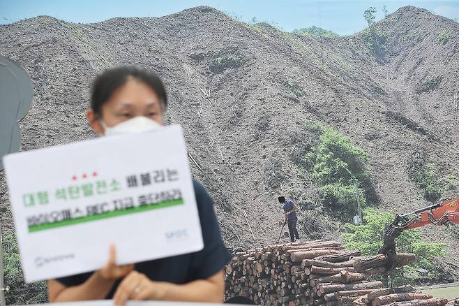 환경단체가 지난해 7월 서울 광화문 광장에서 ‘기후위기 악화시키는 바이오매스에 대한 정부 보조금 중단을 요구하는 기자회견’을 열었다. 한 활동가가 국내 숲에서 벌목하는 장면을 담은 사진 앞에서 손팻말을 들고 있다. 연합뉴스
