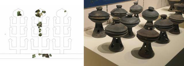 송현동 15호분에서 출토된 出자형 금동관의 파편 위치도(왼쪽)와 창녕식 고배 토기류. 국립문화재연구소 제공