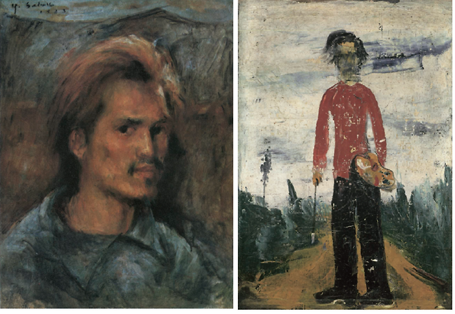 사에키 유조 ‘자화상’(1923)과 ‘서 있는 자화상’(1924). 1년 사이 화풍이 완전히 바뀌었다. 연립서가 제공