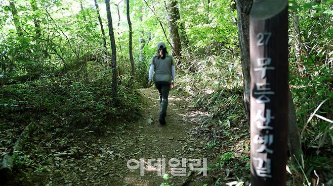 무등산국립공원사무소 옆 무등산 옛길 2구간 시작점. 원효계곡의 물소리와 바람소리, 새소리 등에 홀린 채 걸으라는 뜻을 담아 ‘무아지경길’이라고도 불린다.