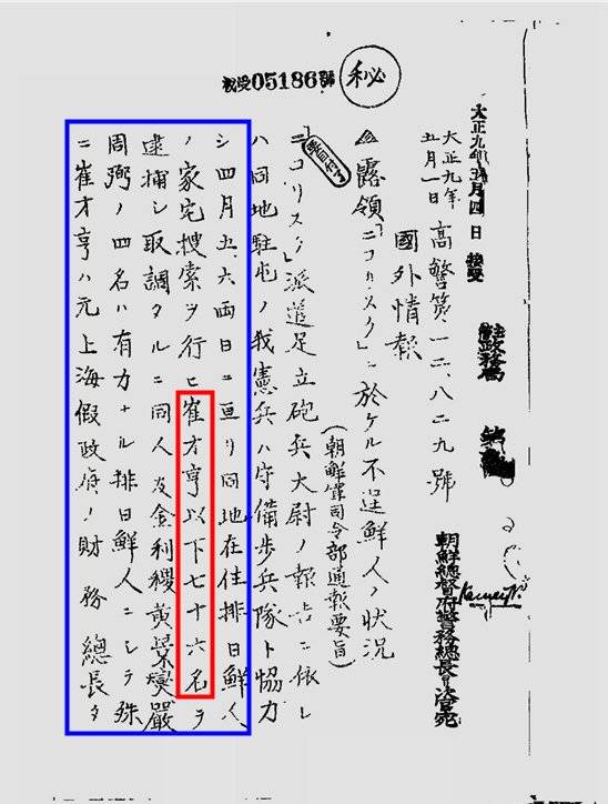 1920년 5월1일자 일본 외무성 기록엔 최재형 선생이 같은 해 4월 피살돼 순국할 당시 정황이 기록돼 있다. 사진 이태룡 박사 제공