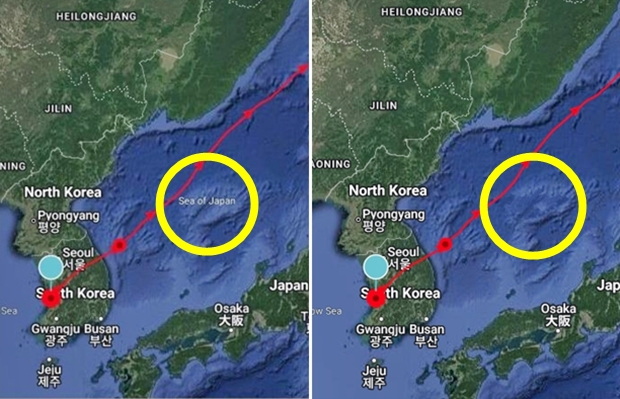 해양수산부가 6일 최초 배포한 자료(왼쪽). 일본해(Sea of Japan) 표기가 선명하다. 오른쪽은 해수부가 7일 재배포한 자료인데, 최초 자료의 일본해 오표기를 동해로 정정(잘못을 고쳐서 바로잡음)하는 것이 아니라, 표기 자체를 아예 삭제하는 것으로 실수를 무마했다.