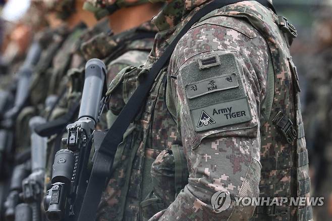 아미 타이거 시범여단 전투단 부대 마크 (서울=연합뉴스) 10일 경기 양주시 25사단 사령부 일대에서 열린 아미 타이거 시범여단 전투단 선포식에서 한 장병의 전투복에 아미 타이거 시범여단전투단의 부대 마크가 붙어있다. 2022.6.10 [사진공동취재단] photo@yna.co.kr