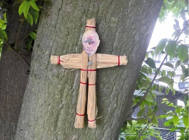 신사에서 발견된 나무에 박힌 '푸틴 저주인형'. 요미우리 신문