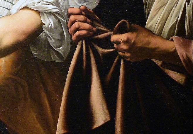 카라바조, 홀로페르네스의 목을 치는 유디트(일부 확대), 1598