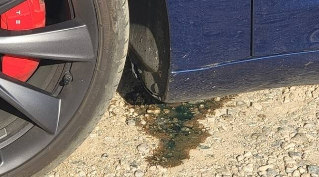 주행 중 돌을 밟아 배터리팩과 연결된 냉각수관이 파손된 테슬라 ‘모델3’에서 냉각수가 흘러내리고 있다. 사고 당시 주행 속도는 시속 약 20㎞였다. 제보자 제공