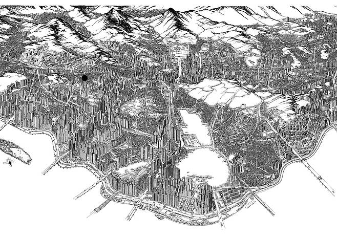 이 그림을 그릴 때 대통령집무실 이전 얘기는 없었다. 가운데 아랫부분 비어있는 땅이 용산 미군기지다. 집무실은 그 안에 있다. [강북전도] 부분. 2021년작. 그림=안충기