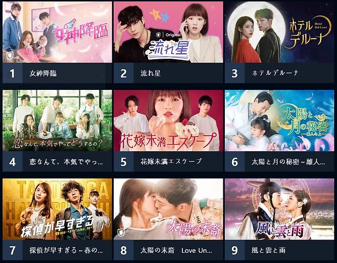 일본 온라인동영상스트리밍(OTT) 플랫폼 U-NEXT의 드라마 인기 순위. [U-NEXT 홈페이지]